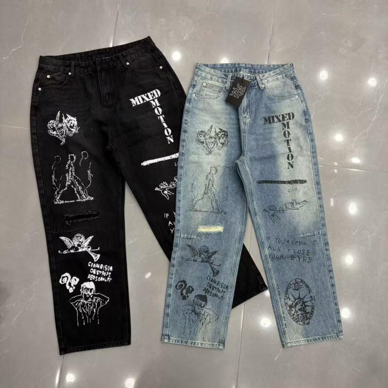 American MIXED EMOTION Angel Letter Print Wide Leg Straight Jeans Unisex