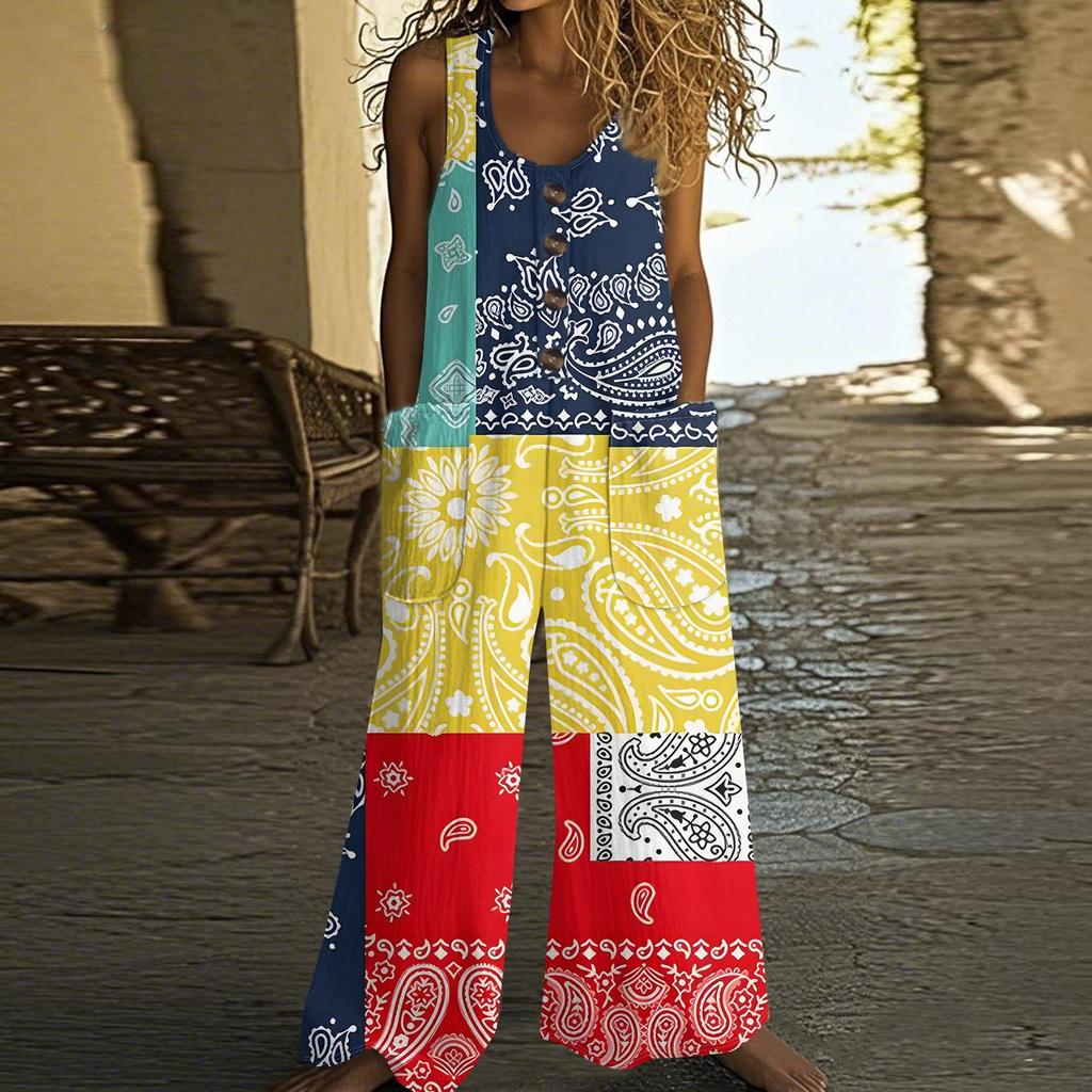 Women's Fashion Casual Button-down Sleeved Jumpsuit Retro Color Block Stitching Printed Cotton Pocket Jumpsuit