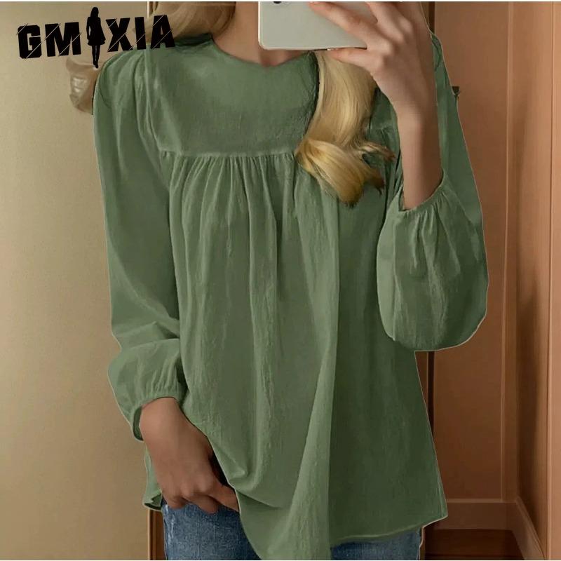 GMXIA Women's Fashion Casual Solid Color Print Long Sleeve O Neck Blouses & Shirts