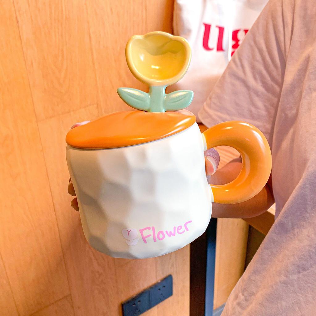 Tulpenbecher mit Deckel Löffel mit Hohem Aussehen und Niedlicher Heim Büro Mädchen Keramik Trinkbecher Souvenir