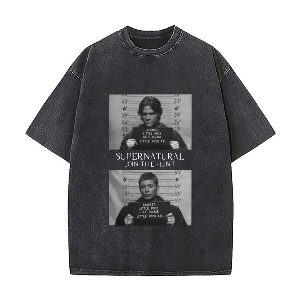 Supernatural Mugshot Art Graphic Vintage Distressed Short Sleeve Loose Streetwear Tee for Music Festivals