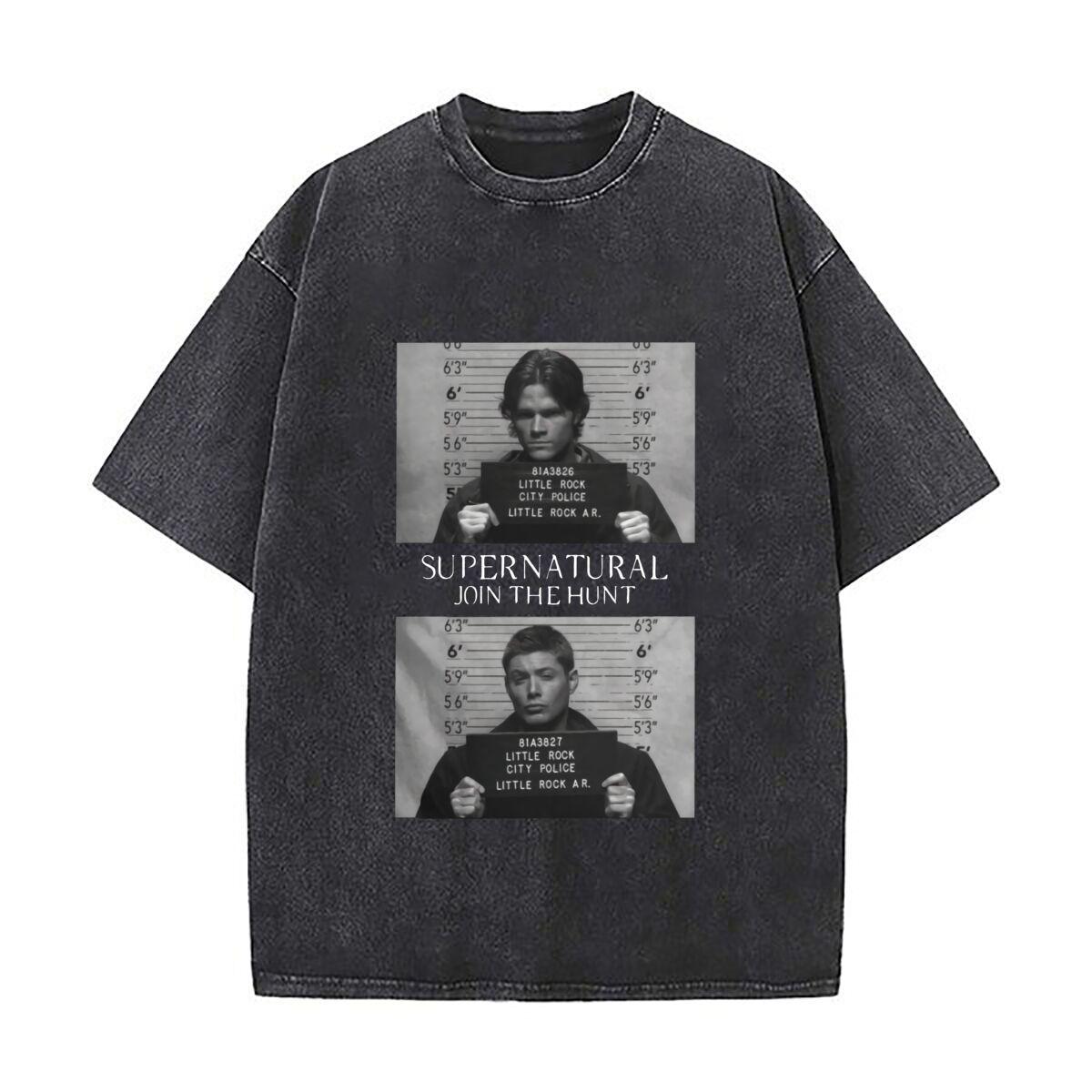 Supernatural Mugshot Art Graphic Vintage Distressed Short Sleeve Loose Streetwear Tee for Music Festivals S