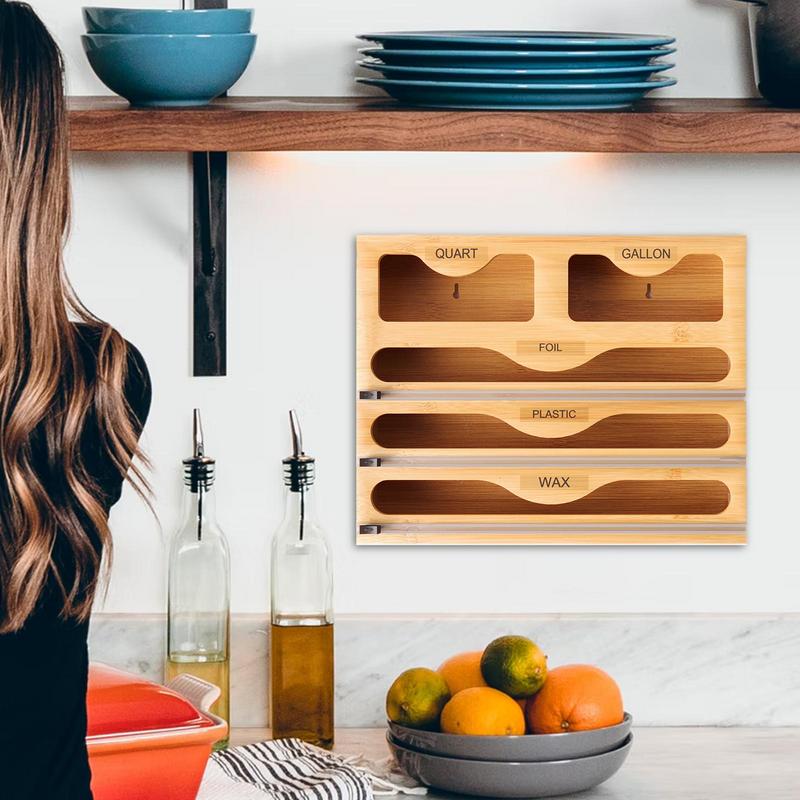 5-in-1 Kitchen Storage Shelf Plastic Wrap Dispenser With Cutter Bamboo Ziplock Bag Organizer Multifunctional Wrap Dispensers