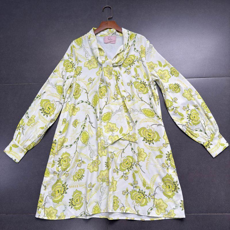 

Export Original Green Flowers French Pastoral Style A- line Long Sleeves V Neck Dress Green Print Dress L