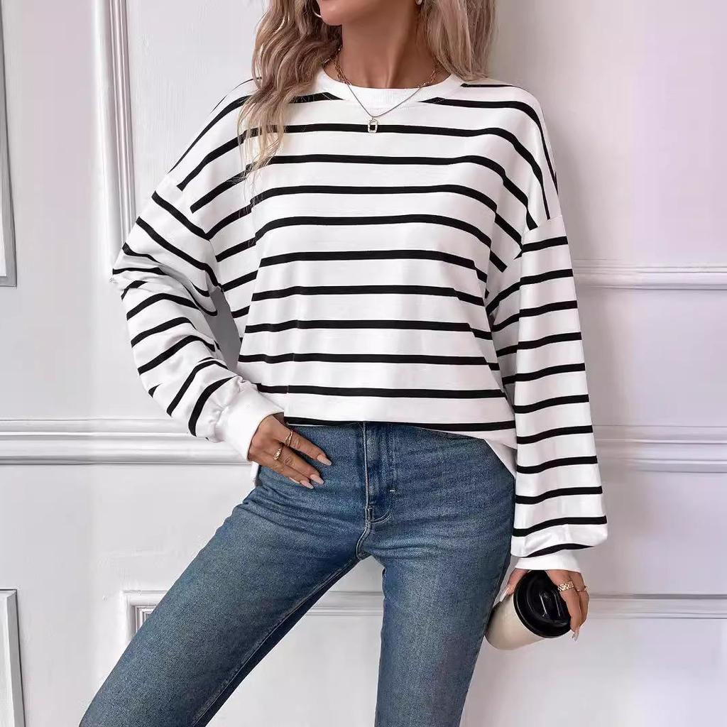 Women's Autumn and Winter Oversized Loose Casual Striped Long Sleeve Sweatshirt