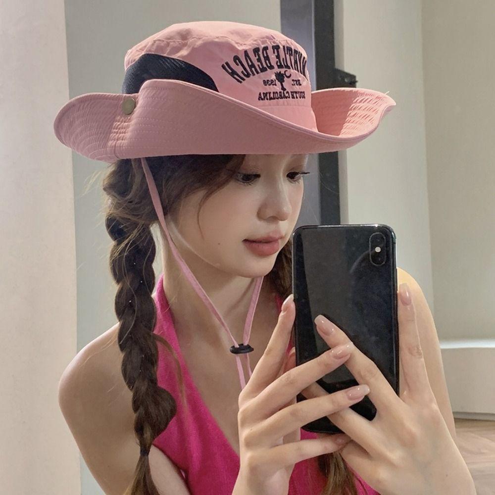 Embroidered Bucket Hat Wide Brim Fisherman Hat Fashion Sunshade Hat  Women
