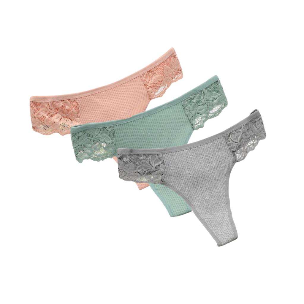 3Pcs/Set Women Cotton G-string Panties Female Underpants Breathable Underwear Solid Color Thongs Lace Trim Comfort Sexy Lingerie