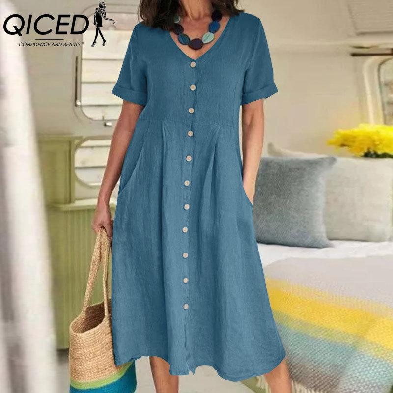 QICED Women's Fashion Summer Spring Solid Color Print V-Neck High Waist Casual Dresses