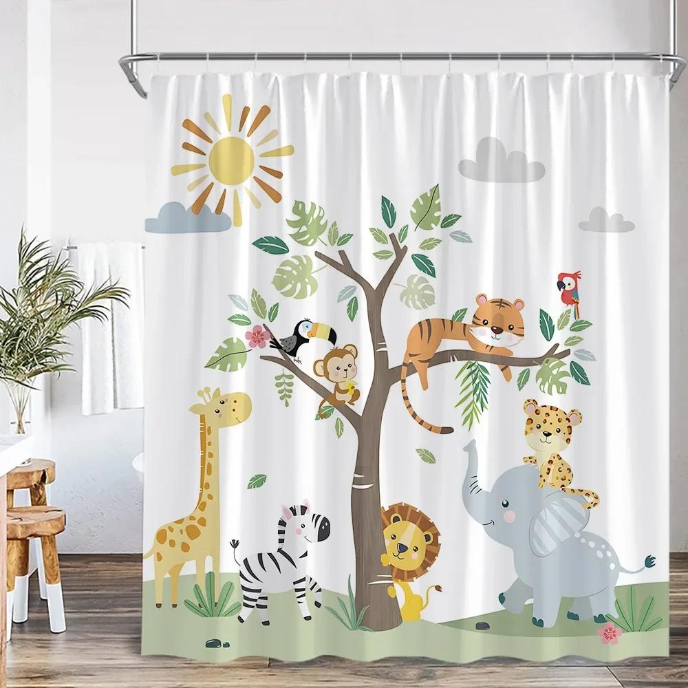 Animal Cartoon Shower Curtain Zoo Elephant Deer Zebra Owl Bee Sports Bathroom Decor Kids Child Polyester Bath Curtain With Hooks