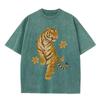 2026 Vintage Washed Black Retro Tiger Floral Graphic T Shirt Oriental Wild Animal Oversized Streetwear Casual Short Sleeve Tee