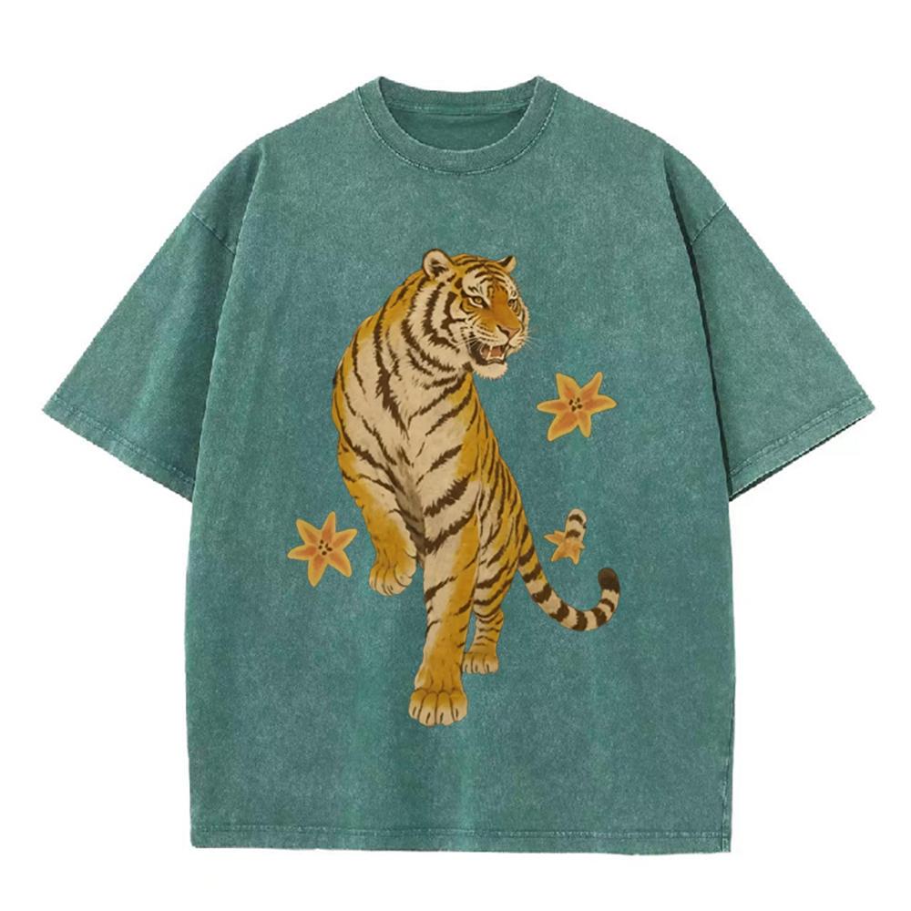 2026 Vintage Washed Black Retro Tiger Floral Graphic T Shirt Oriental Wild Animal Oversized Streetwear Casual Short Sleeve Tee
