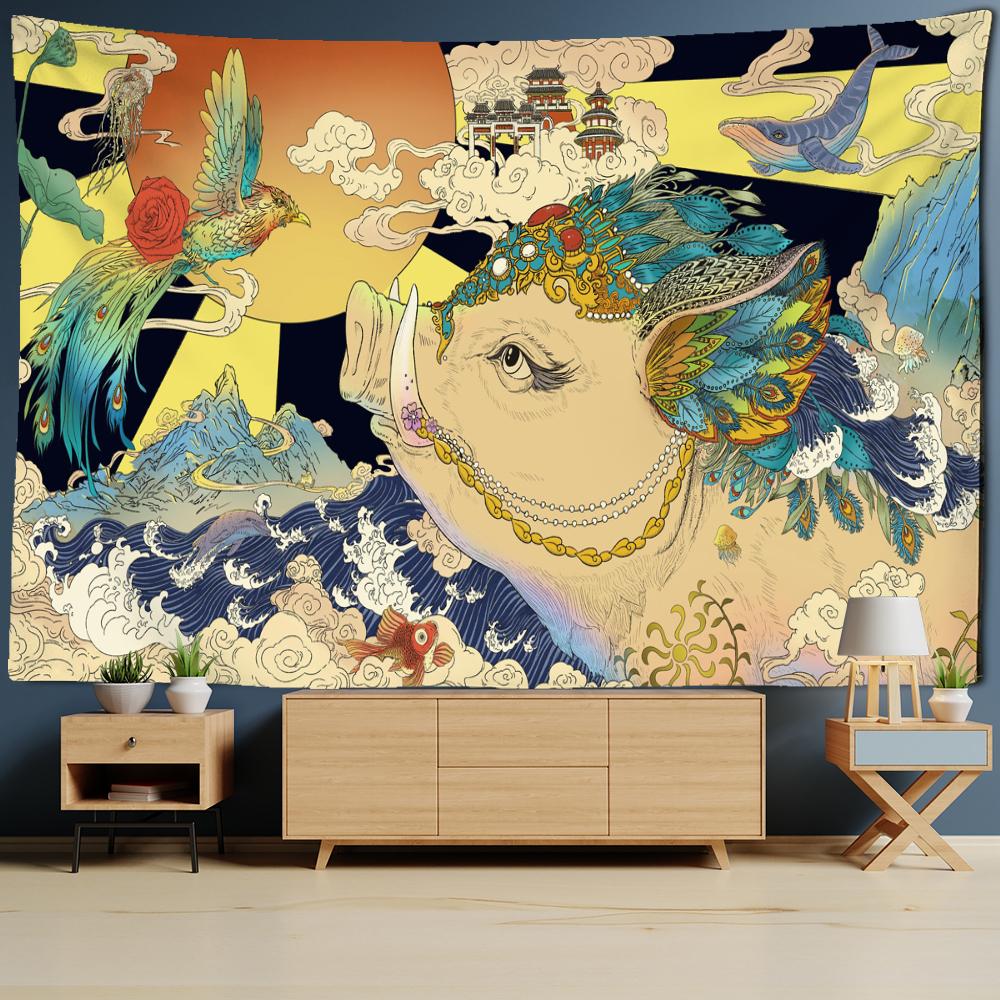 Japanese Illustration Tapestry Wall Hanging Kanagawa Wave Printing Bohemian Hippie Bedroom Home Decor