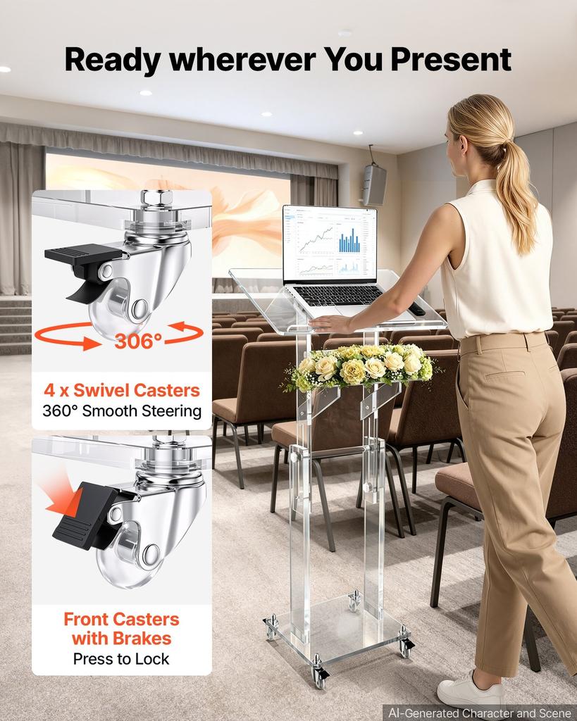 Podium Stand, Adjustable Height Acrylic Lectern Mobile Laptop Desk, for Schools, Churches and Events, 109-118 cm, Clear Portable Presentation Lectern
