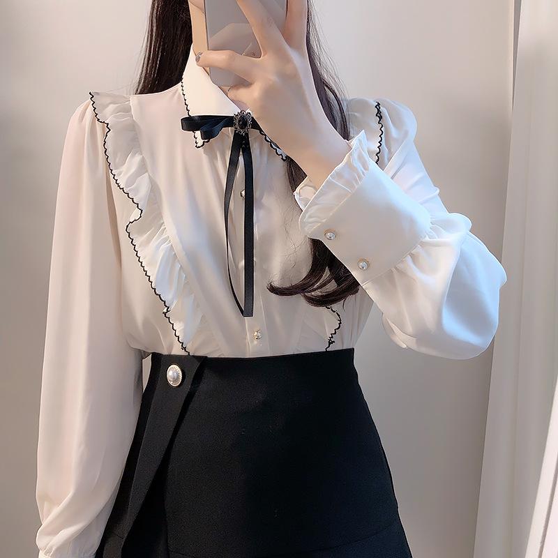 Women's Spring College Style Pearl Button Bow Ruffle Collar Blouse