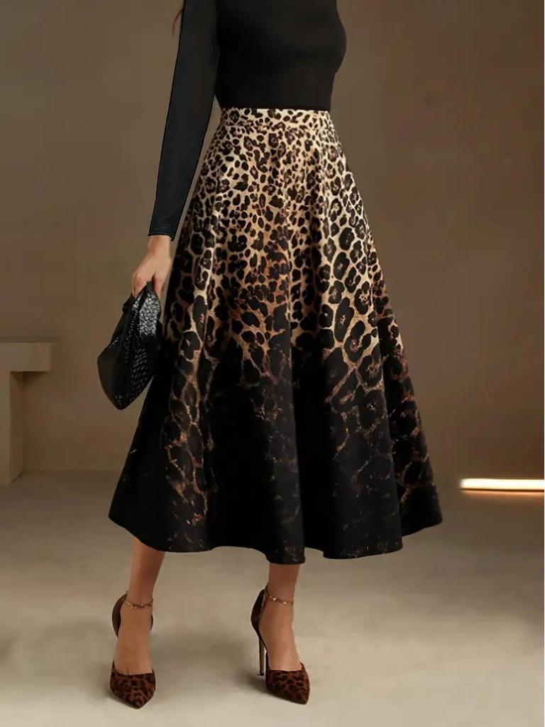 2025 Leopard Print High-Waist A-Line Midi Skirt for Women - Retro, Elegant, Plus Size