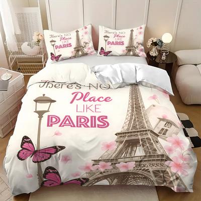 Rosa Paris Architektur Eiffelturm Druck Bettwäsche Set Weicher Bettbezug King Queen Twin Einzelgröße Geburtstagsgeschenk Schlafzimmerdeko
