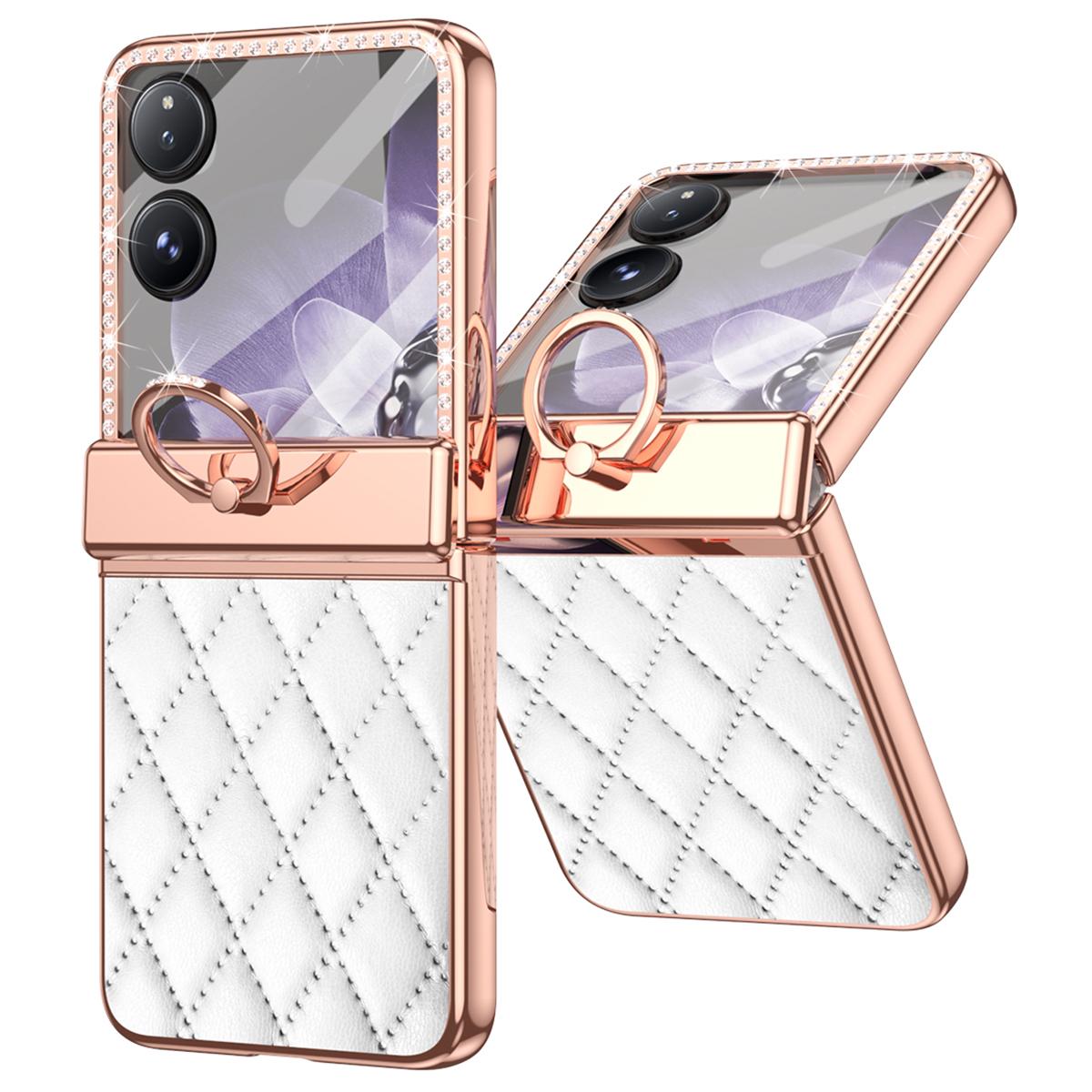 

Чехол для Xiaomi Mix Flip 5G с кольцом-держателем, стразами, кожаный+ПК, ромбовидный чехол для телефона White