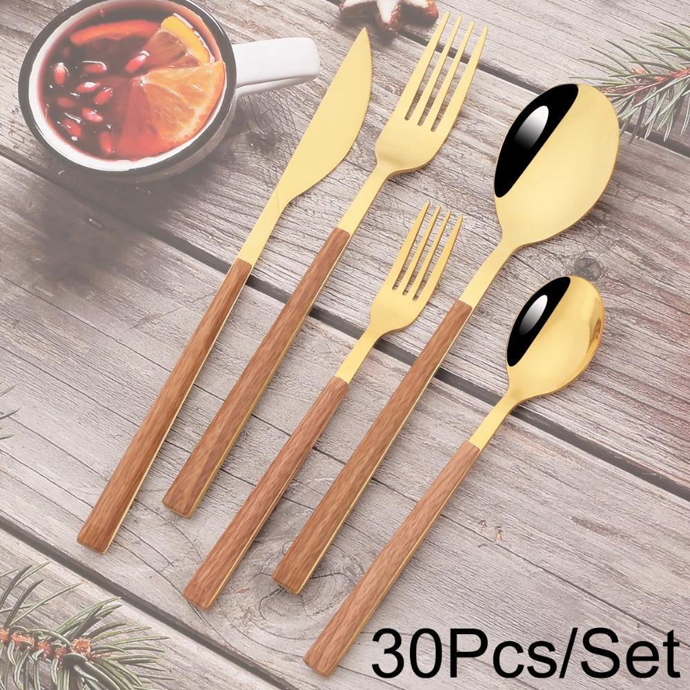 24/30Pcs Knife Forks Dessert Spoon Cutlery Set White Wood Handle Dinnerware Set Steak Stainless Steel Tableware Kitchen Flatware