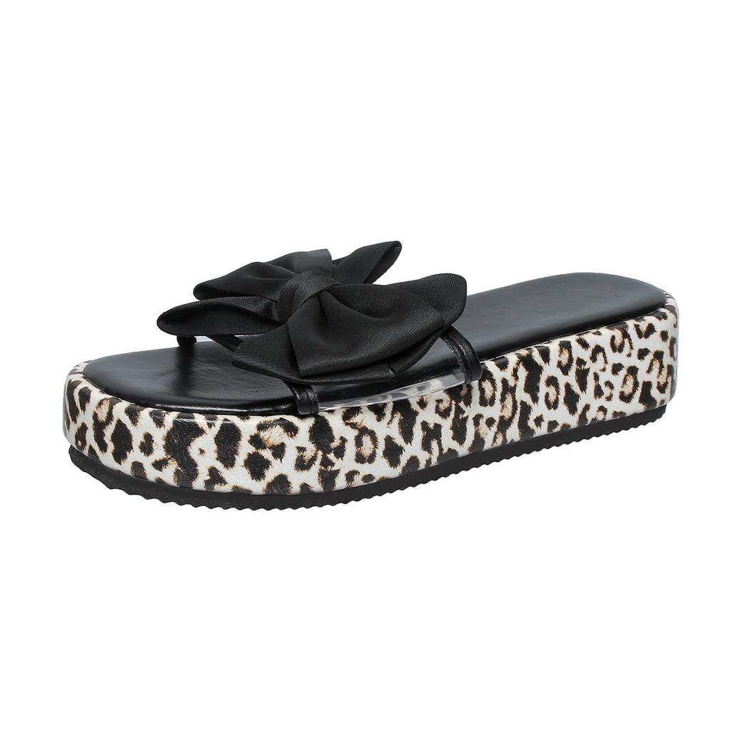 European and American foreign trade large size thick-bottomed bow one-word slippers women wear leopard print beach cool slippers Slippers