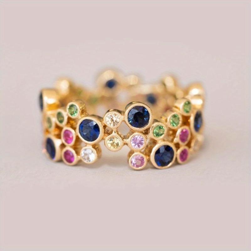 Elegant Retro Rainbow Zirconia Inlaid Ring - Boho-Chic Golden-Tone Cocktail Ring with Multicolor Synthetic Cubic Zirconia, Perfect for Daily Wear & Ho