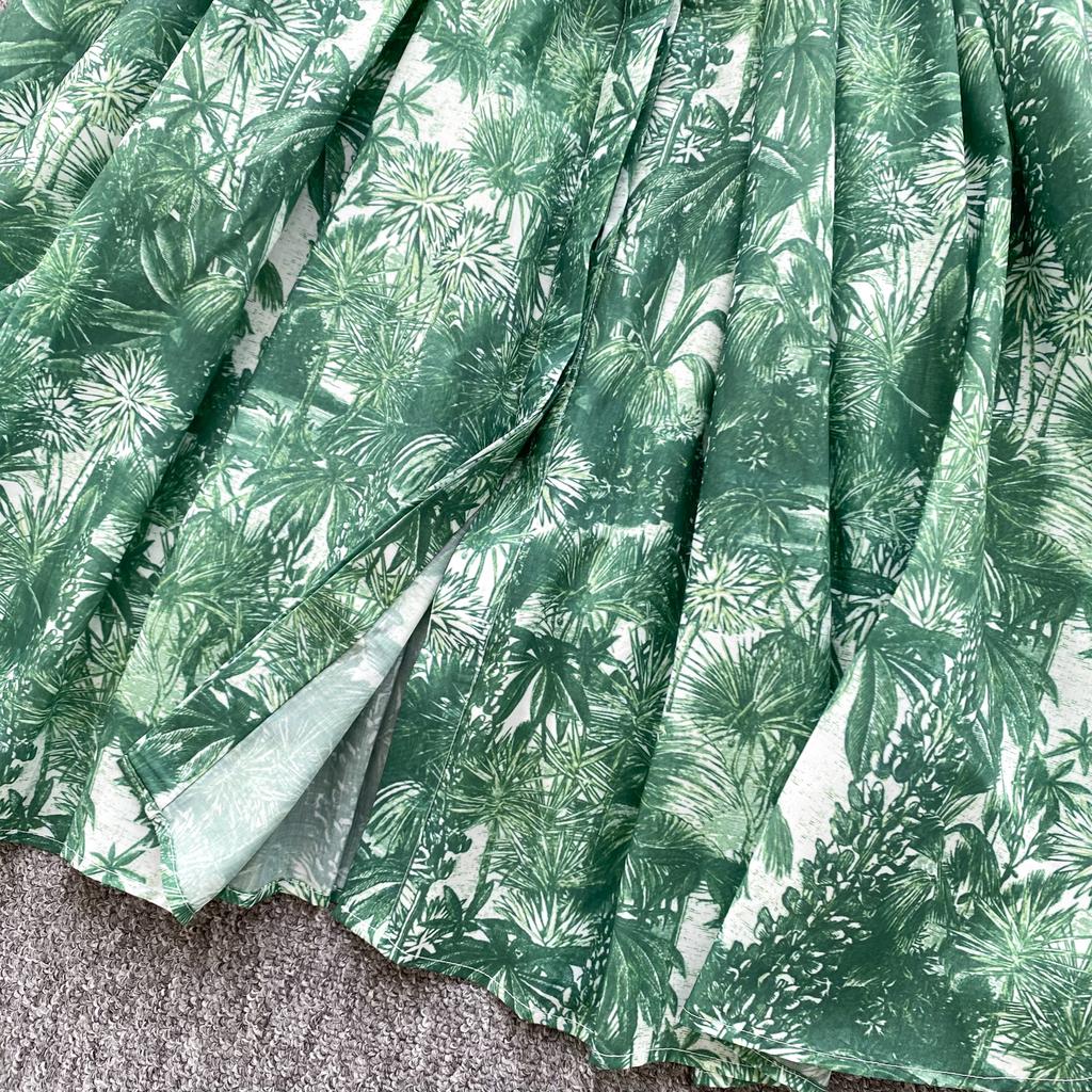 Women's Lapel Collar Vintage Midi Shirt Dress Summer Runway Pleated Short Sleeve Retro Jungle Print Belt Ladies Midi Dresses