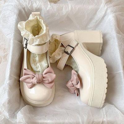 Moda Mulheres Fofos Sapatos Mary Janes com Laço Primavera Outono Plataforma Moda Bico Redondo Salto Alto Grosso Fivela de Cinto Senhoras Mocassins Lolita