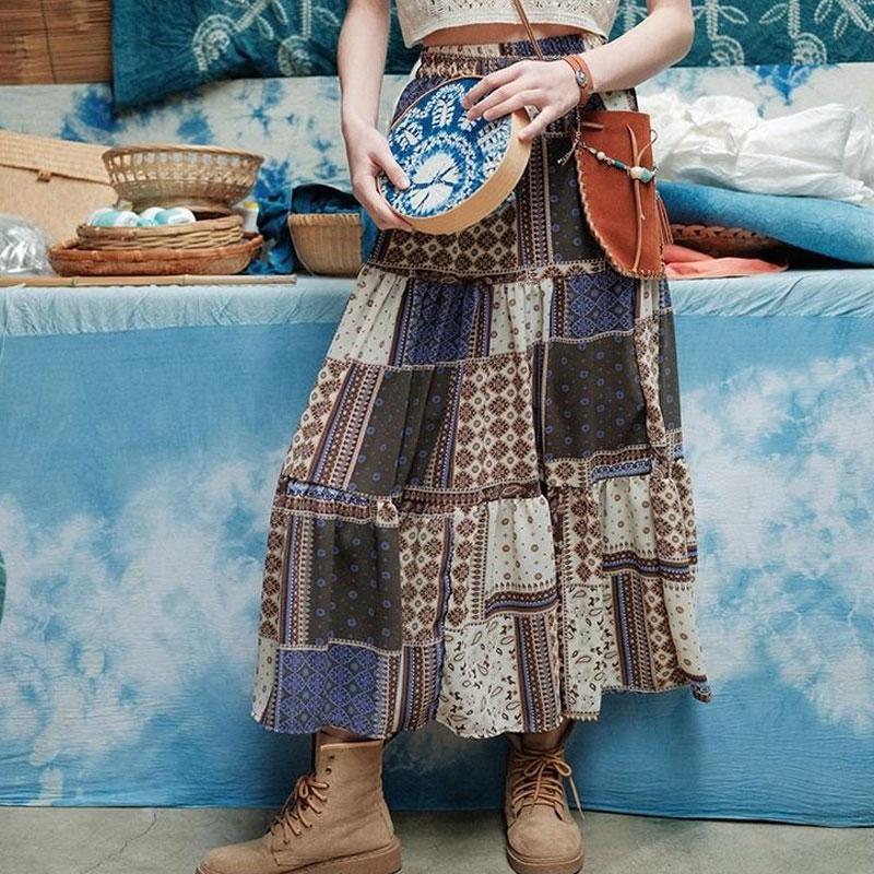 Spring and Autumn Retro Bohemian Style High Waist Skirt Beach Skirt