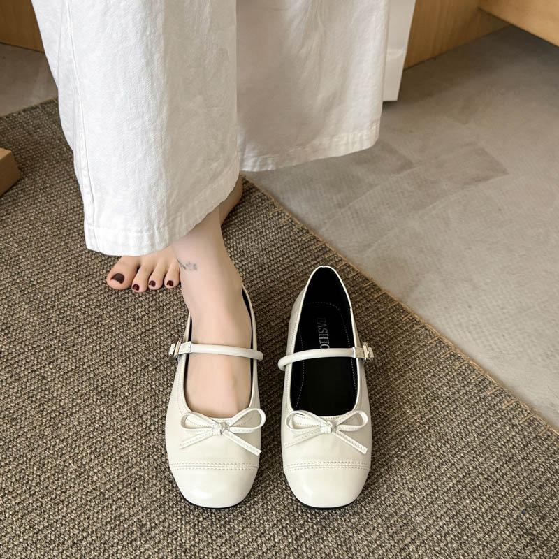 French Round Head Bow Flat Sole Shoes Women's 2025 Summer New Versatile Small Leather Shoes Shallow Mouth Mary Jane Skirt