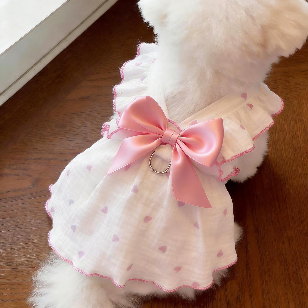 Heart Print Pet Dress with Bow, Breathable Cotton Dog Cat Clothes, Adjustable Pet Outfit with D-ring