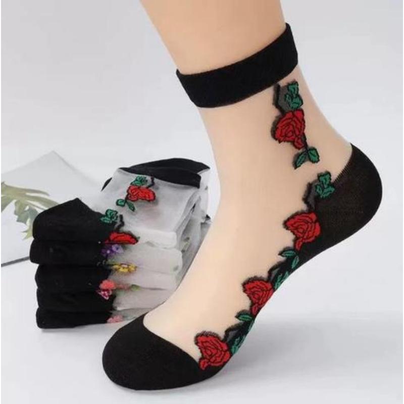 Ultra-thin Transparent Crystal Silk Socks Women Fashion Summer Harajuku Crew Socks Retro Flower Streetwear Elastic Long Socks