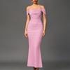 Fishbone mesh pleated dress European and American sexy backless one-word shoulder tight hip-wrapped dress long dress
