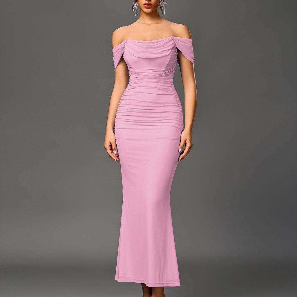 Fishbone mesh pleated dress European and American sexy backless one-word shoulder tight hip-wrapped dress long dress