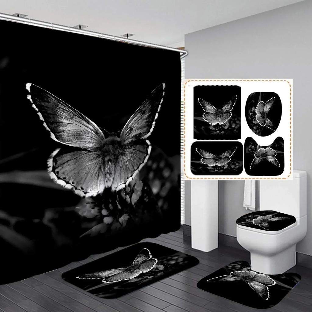 Big Butterfly Beautiful Polyester Shower Curtain Set Bathroom Set Waterproof Curtains Bath Mat Set Toilet Lid Cover 4 Pcs Decor