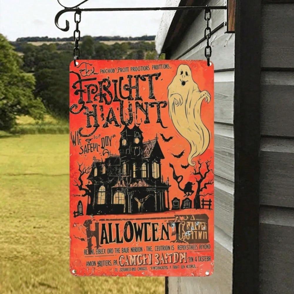 Vintage Halloween Metal Wall Decor, 2D BOO Witchcraft Haunted House Sign, Durable Aluminum Spooky Art Indoor Outdoor