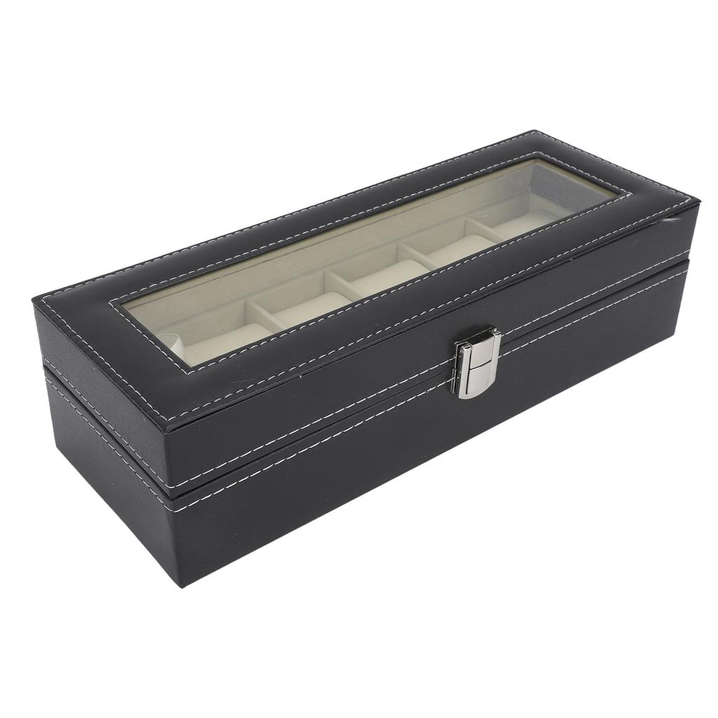 Uhrenbox PU-Leder 6 Fächer Uhrenetui Schmuckaufbewahrungsbox mit Klarsichtdeckel für Zuhause
