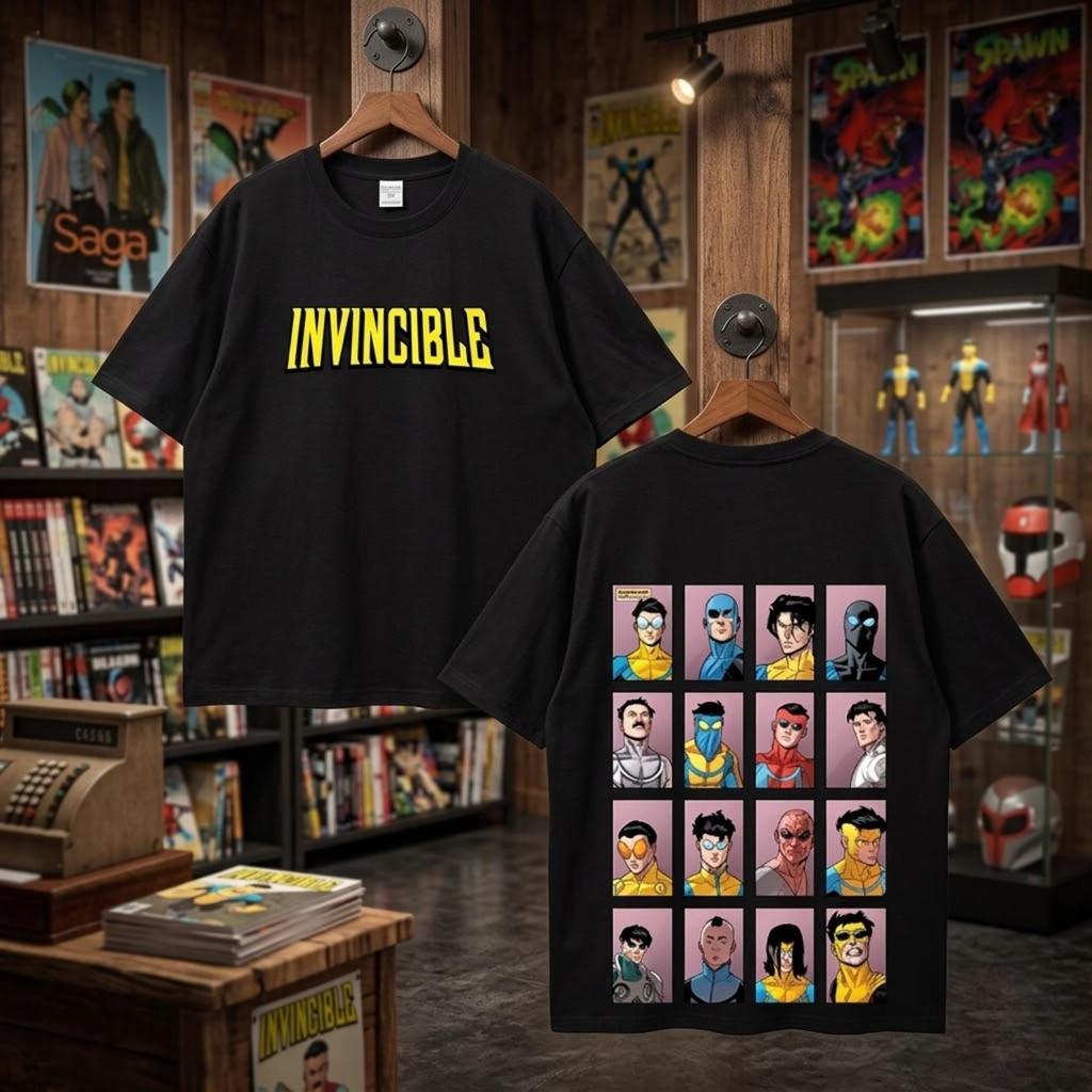 Yenilmez Çift Taraflı Baskılı Tişört Ön Harf Arka Karakter Izgara Çizgi Roman Oversize Grafik Tişört Unisex Günlük Sokak Giyim Anime