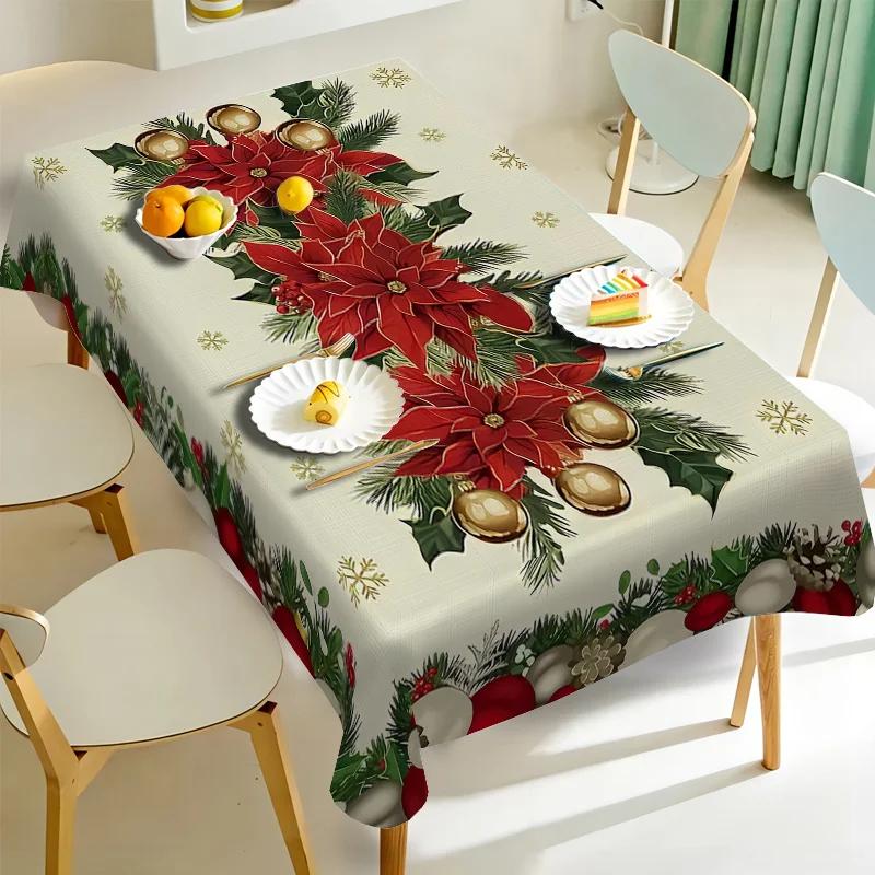 1Pc Christmas Poinsettia Tablecloth Beige Red Green Floral Print Table Cover For Holiday Party Dining Home Decoration f