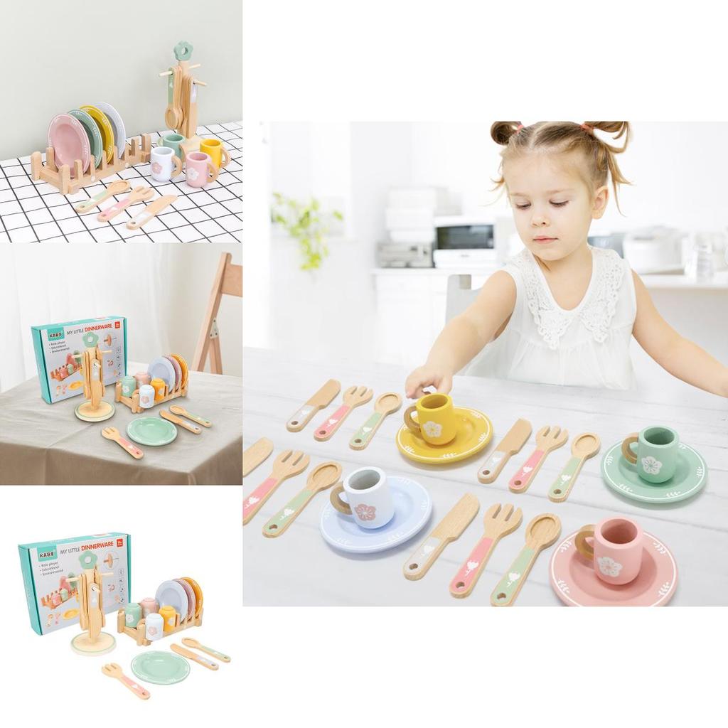 Holz-Spielküchen-Set mit Spielgeschirr für Kinder, pädagogisches Rollenspiel