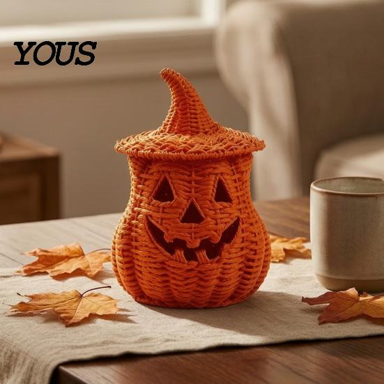 Halloween Mantel Decor Pumpkin Lantern Tabletop Decor, Woven Witch Hat Candy Bowl & LED Spooky Holiday Decorations Prop, Gothic Fall Centerpiece