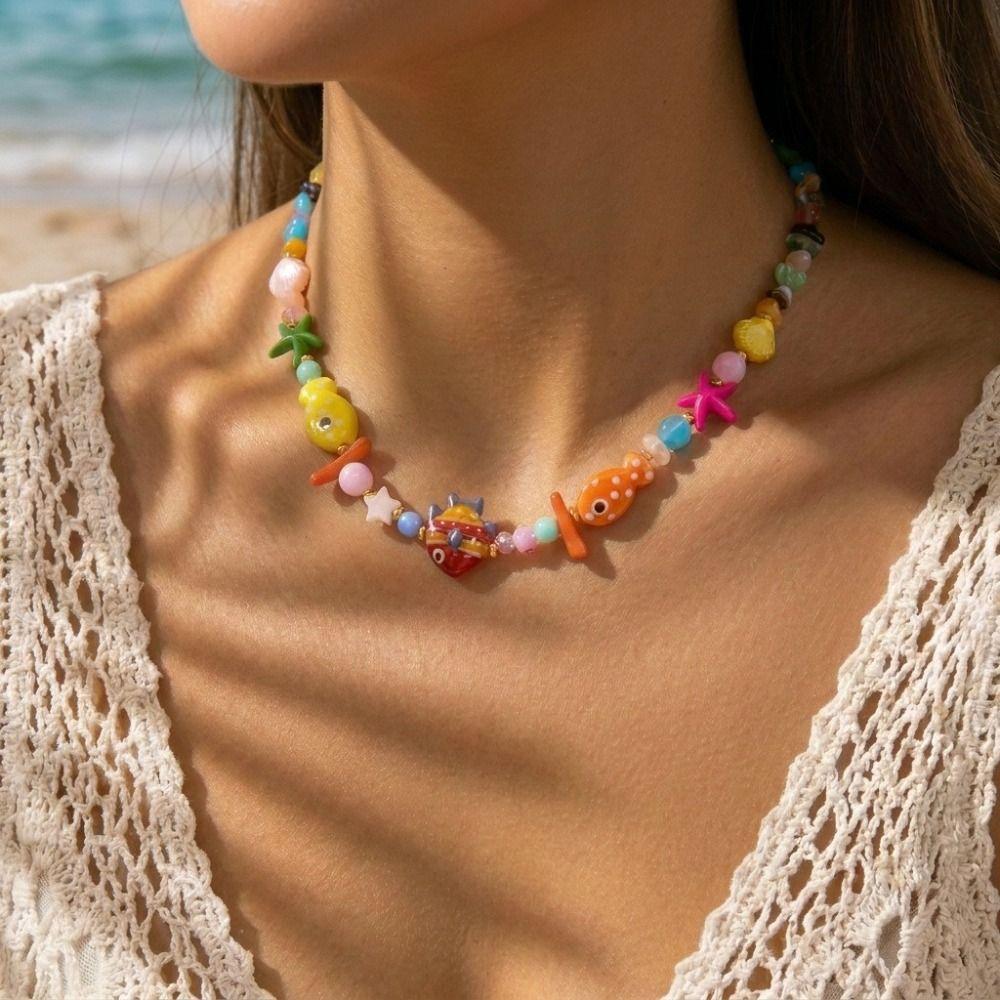 Handmade Bohemian Shell Necklace Colorful Ceramic Ocean Series Necklace For Women
