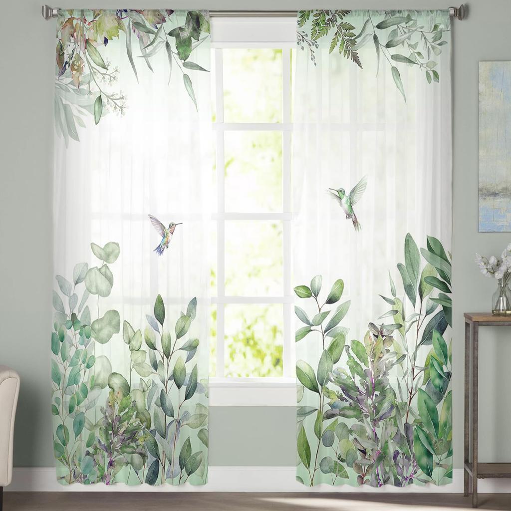 Cortinas Voile Transparentes de Folhas Verdes, Cortinas de Janela de Eucalipto Colibri com Filtragem de Luz e Bolso para Varão, Cortinas Voile