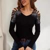 Syiwidii Fashion Spliced Diamond Shirts for Women V Neck Hollow Out Long Sleeve T Shirt Elegant Temperament Slim Tops