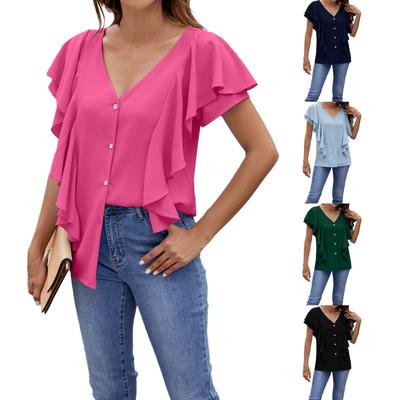 Moda feminina verão voando borda babados manga v-neck camisa single breasted top