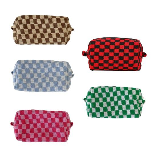 Checkered Makeup Bag for Women Knitted Travel Cosmetic Pouch Portable Plaid Toiletry Organizer with Zipper for