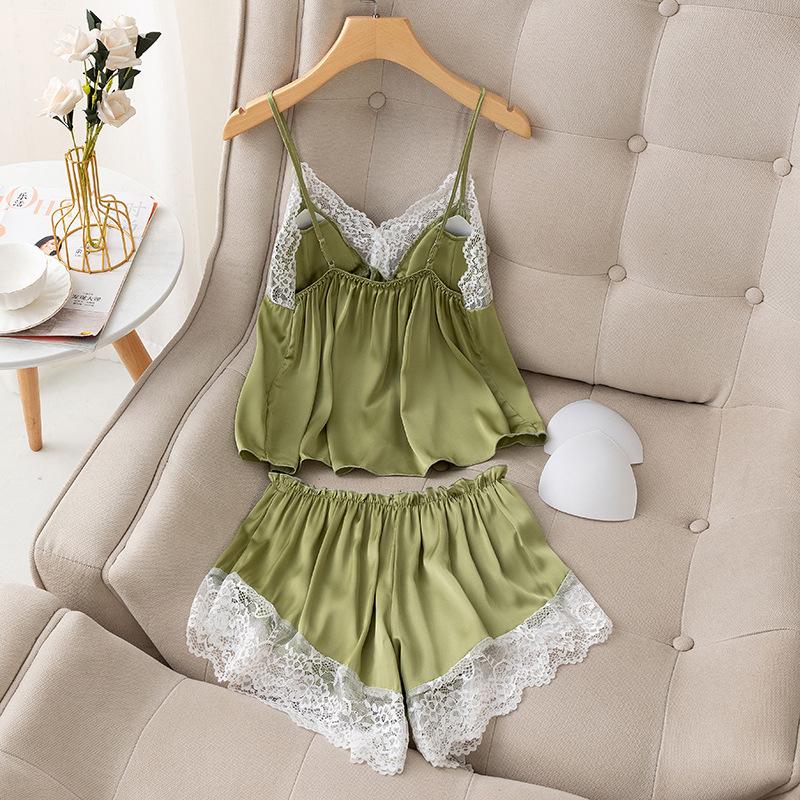 Summer pajamas women's thin ice silk suspender shorts two-piece set sexy belt chest pad lace halter vest set