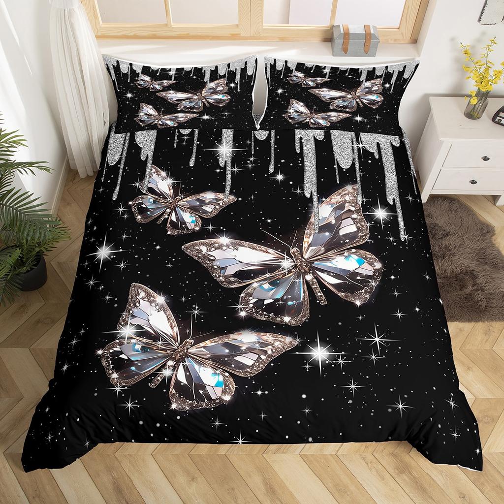 Homewish Glitter Butterfly Duvet Cover Set for Girls, Watercolor Marble Bed Set, Bling Sparkles Print Quilt Cover Set