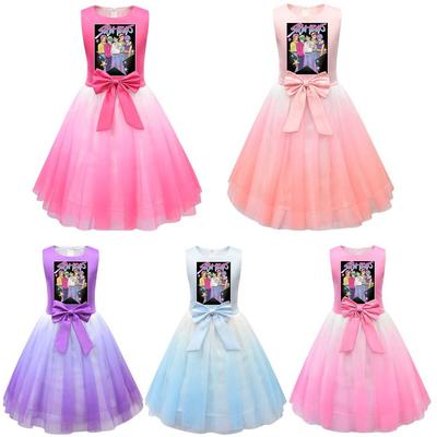 Kids Girls Princess K-POP Rumi Zoey Mira Print Bow Sleeveless Mesh Tutu Dress
