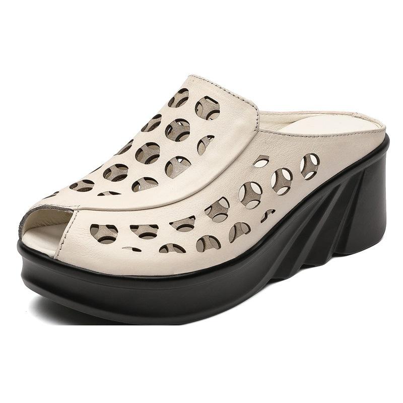 Summer New Genuine Leather Slippers Women's Retro Ethnic Style Thick Wedges Shoe Fish Mouth Mom Slippers Women Hollow Sandals