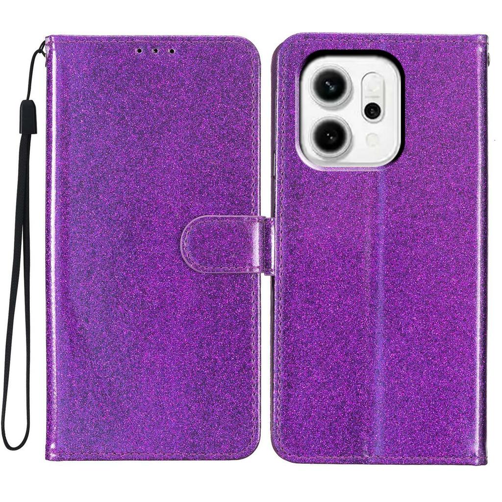 For Oppo Reno14 5G (Global) Wallet Case Glitter Anti-Scratch Leather Stand Phone Cover with Strap
