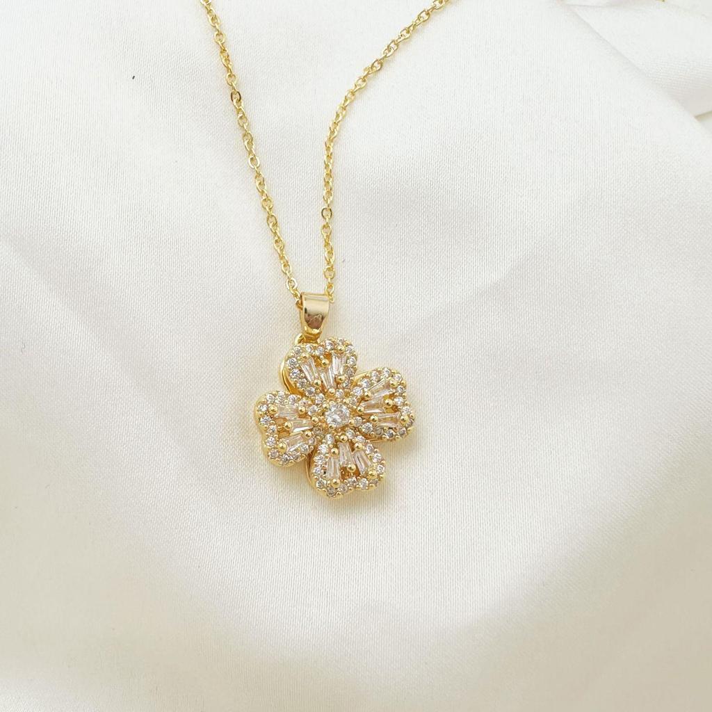 French Vintage Four-Leaf Clover Zircon Jewelry Set: Elegant Earrings, Necklace, and Ring for Weddings and Everyday Wear